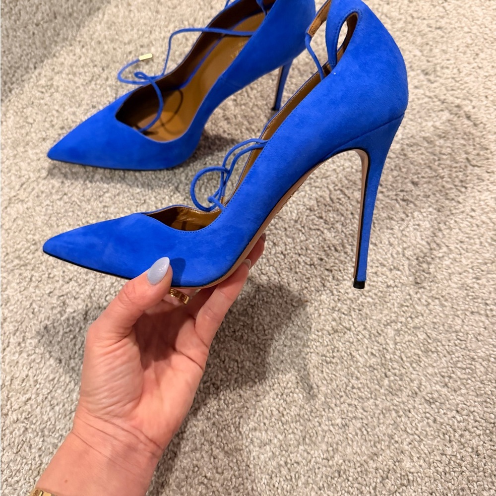 Aquazzura Electric Blue Suede Lace-Up Pointed Toe Pumps - Picture 6 of 6
